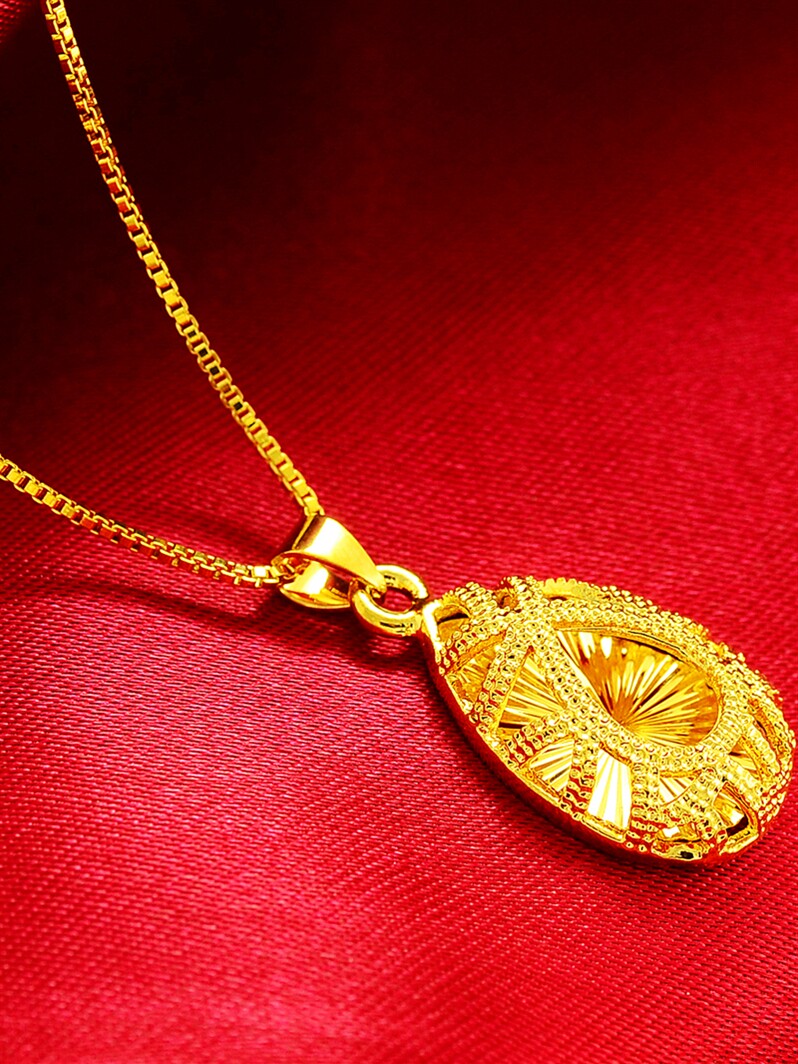 18K Yellow Gold Water Drop Love Nordic Gold Hollow Pendant Clavicle Girlfriend Gift Niche Versatile