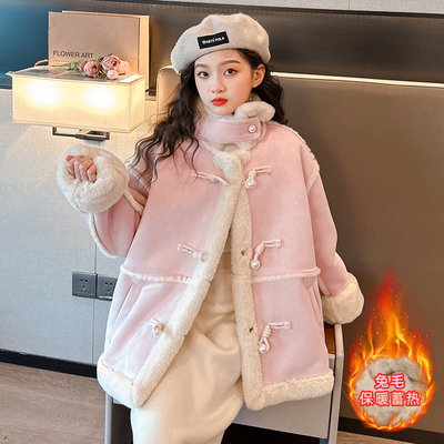 女童加绒外套皮毛一体秋冬装儿童装洋气女大童冬季加厚羊羔绒上衣