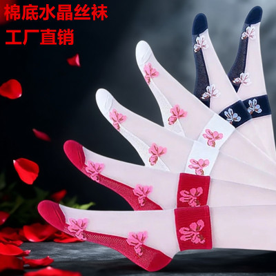【少女心蝴蝶结】红色女袜黑色薄款春夏水晶丝袜奢华短袜丝光提花
