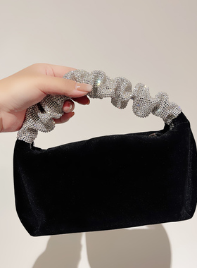 2024新款水钻宴会手提包女配旗袍小包包镶钻黑色丝绒晚宴晚礼服包