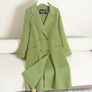绿色双面羊绒大衣女中长款 高端宽松100%纯羊毛呢子大衣 2025年新款