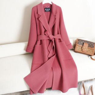 高端羊毛呢外套 显瘦减龄2025新款 粉色双面羊绒大衣女长款 过膝修身
