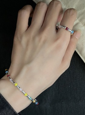 S925银夏日多巴胺竹节彩色水晶手链戒指套装小众设计感高级简约