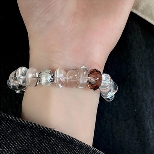s925银天然白水晶随形茶晶虎眼玛瑙拉丝银珠手链韩版简约风格