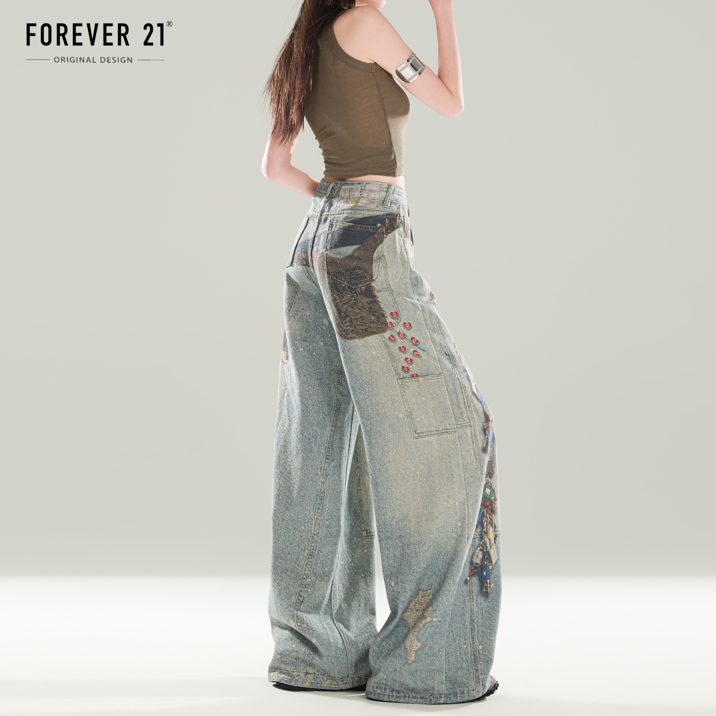 Forever 21高街印花设计感小众阔腿裤夏季新款高腰宽松垂感拖地裤