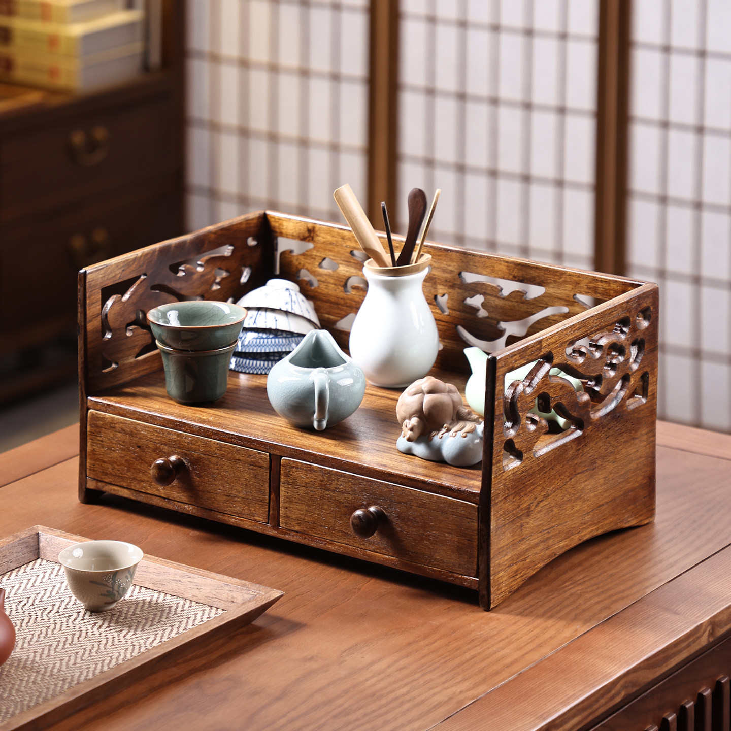 泰吉利实木茶杯置物架桌上中式茶具收纳架茶台茶盘收纳盒都承盘,收纳整理,茶具收纳盒,淘宝优惠券,粉丝福利购,淘宝优惠卷