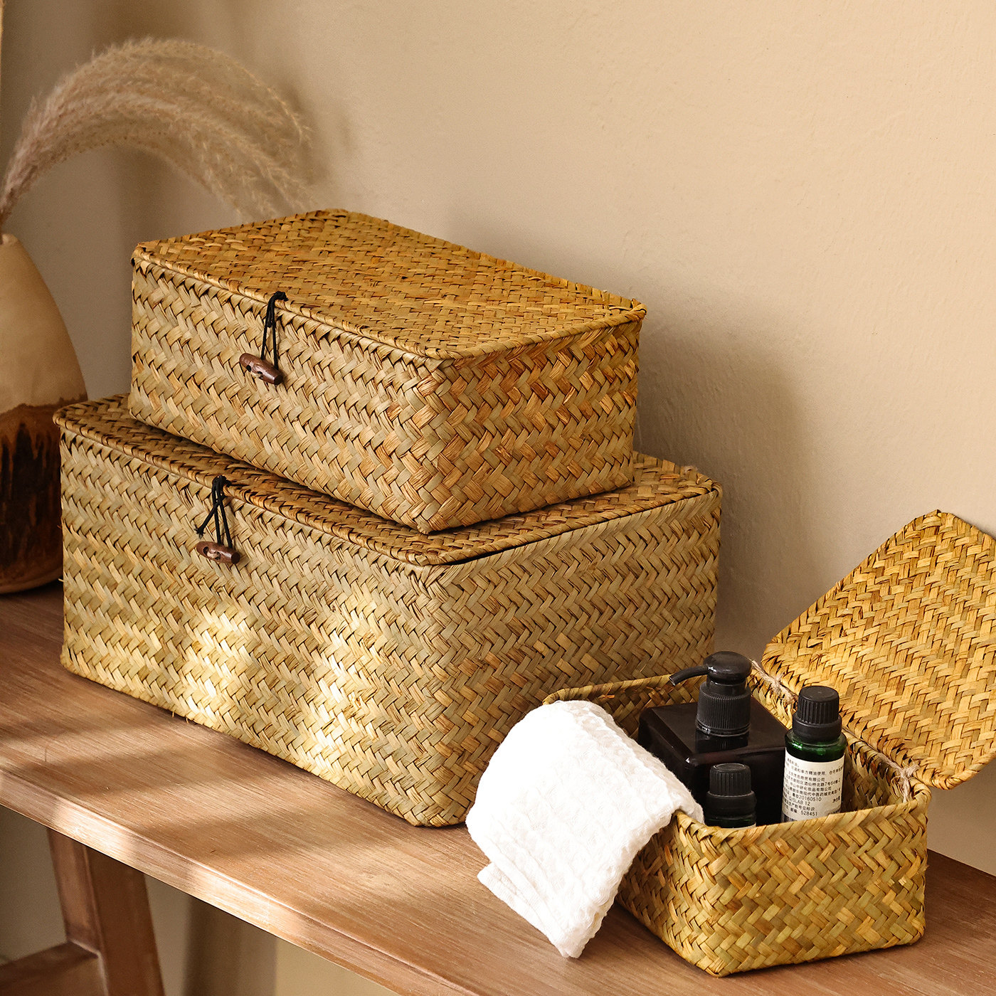 泰吉利织收纳筐篮子带盖手工海草编桌面收纳盒有盖收纳箱收纳篮