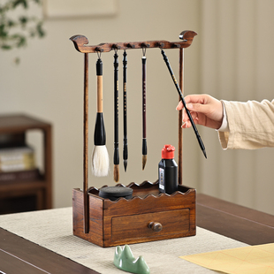 泰吉利实木笔架复古多功能毛笔挂架置物架文房四宝摆件书法收纳架