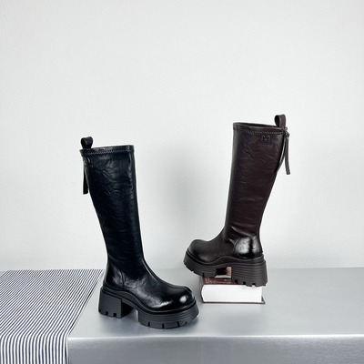 厚底粗跟后拉链高筒瘦瘦靴马丁靴