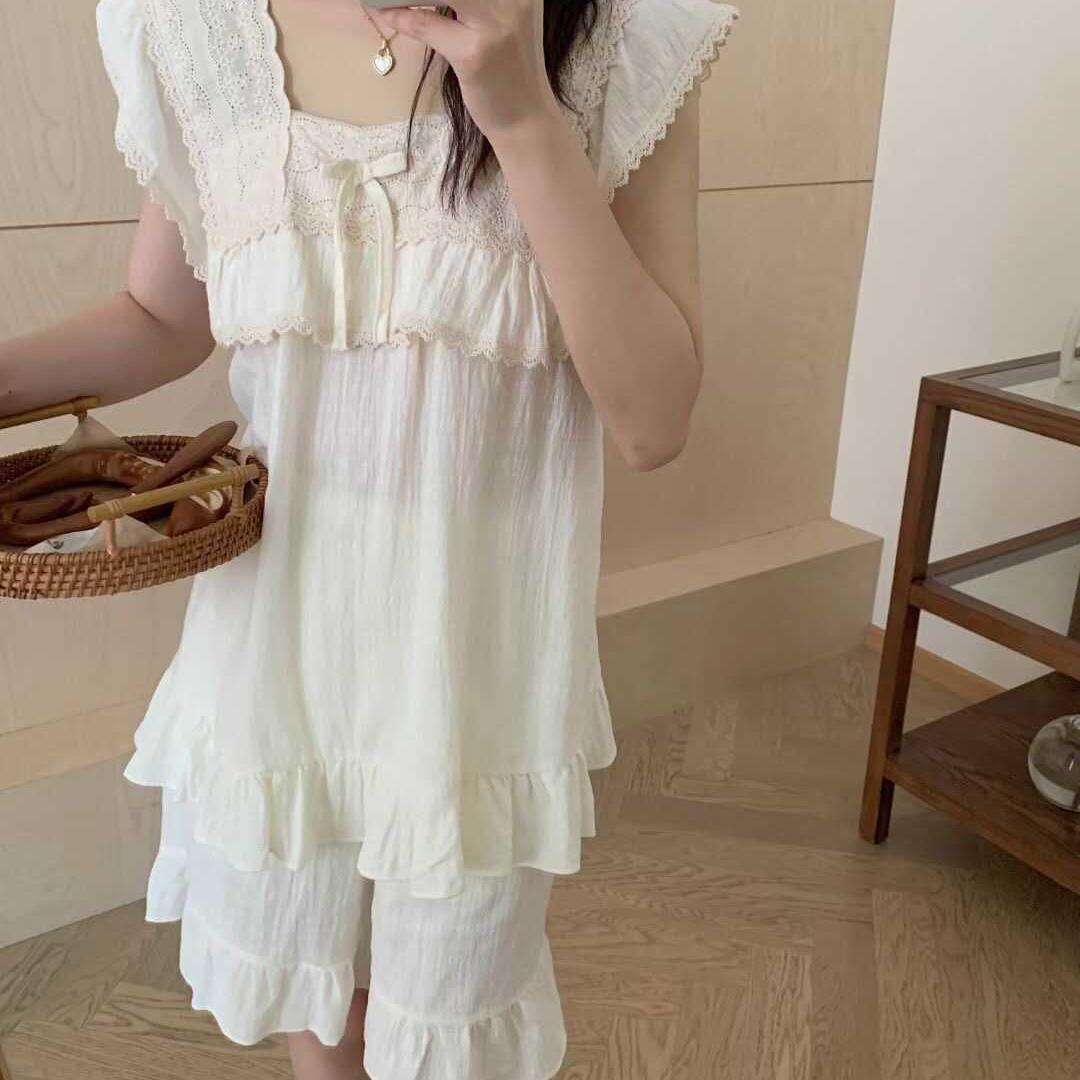 韩版公主风纯棉睡衣女甜美花边方领无袖夏季薄款可爱少女家居服