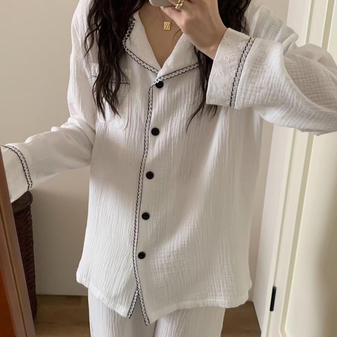 V领纹理提花纱布纯棉睡衣女款早秋舒适休闲韩版ins两件套家居服
