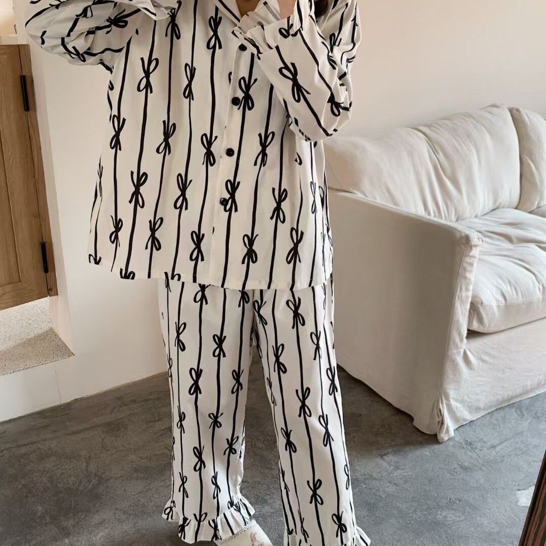 春季新款韩系简约纯棉条纹睡衣女蝴蝶结衬衫领甜美开衫少女家居服
