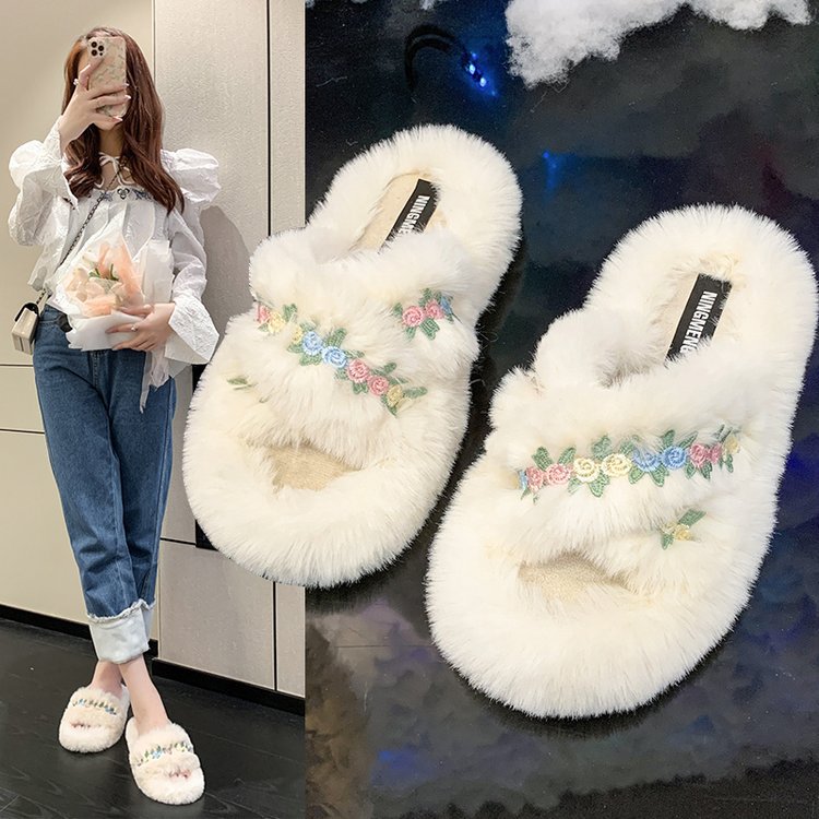 薄底彩色小花舒适毛拖鞋女百搭休