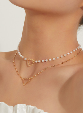 心形吊坠两层潮流女项链双层白色珍珠气质流行清冷女神