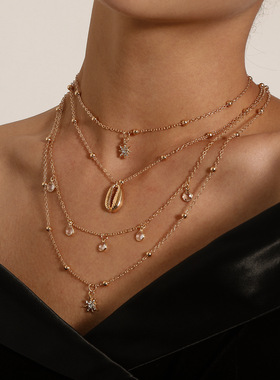 满钻六芒星吊坠项链多层嘻哈复古水钻贝壳项饰女士