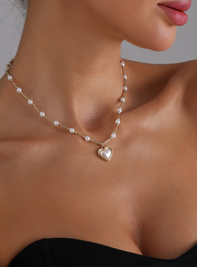 甜酷清新镶嵌爱心珍珠吊坠项链女时尚百搭拼接风