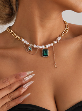 民族风绿宝石仿珍珠拼接锁骨链颈链个性复古项链欧洲贵族风