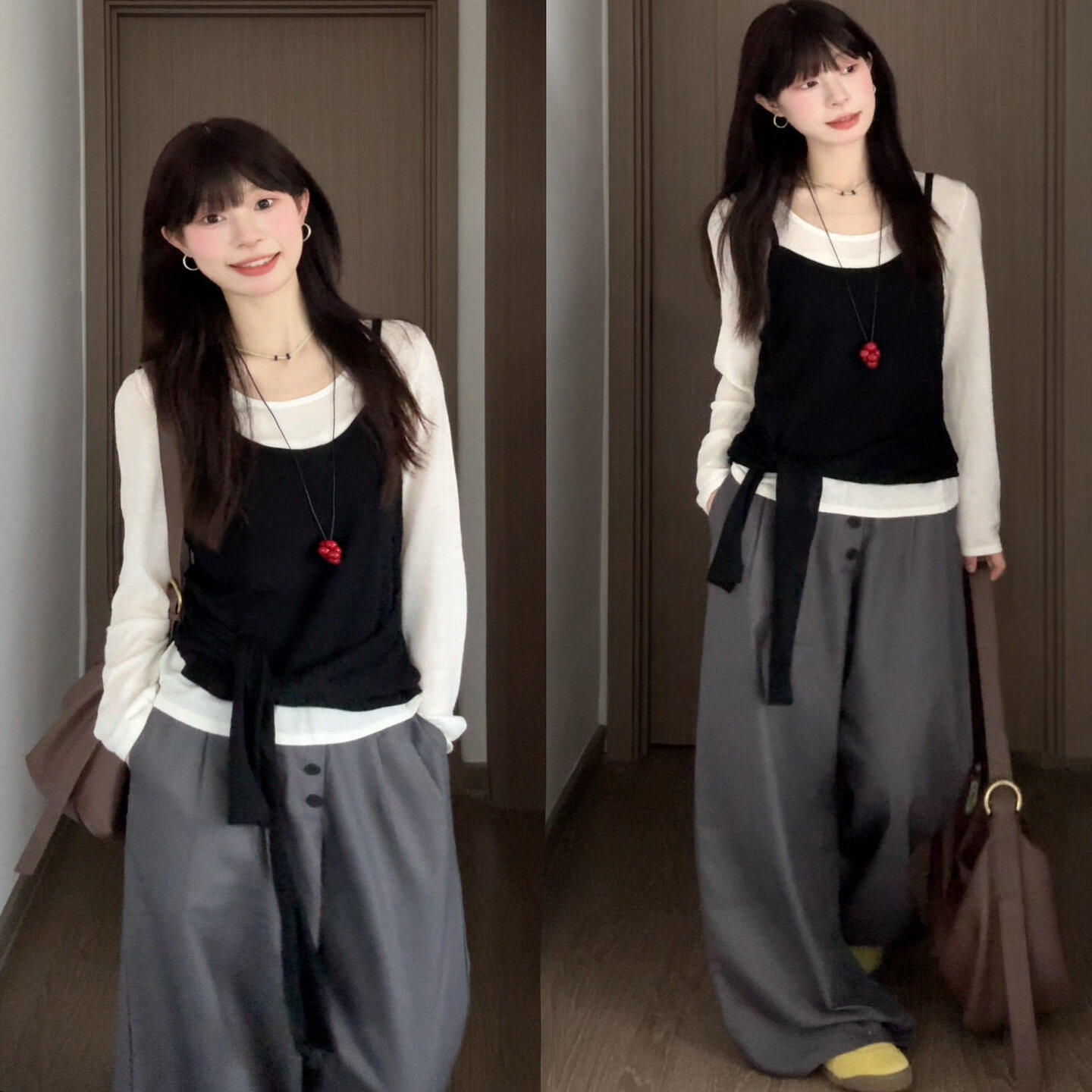 韩系设计感黑白叠穿长袖T恤女