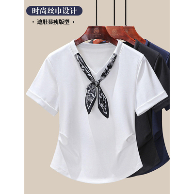 高端丝巾V领短袖t恤女
