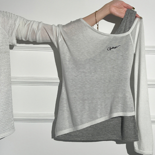 奥特莱斯~撤柜余假两件撞色拼接露肩长袖针织衫t恤2025修身小上衣