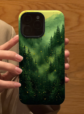 泼墨迷雾绿色森林适用苹果iPhone16Promax手机壳15磨砂14二合一13全包12防摔17Pro新款Xsmax情侣保护套男女