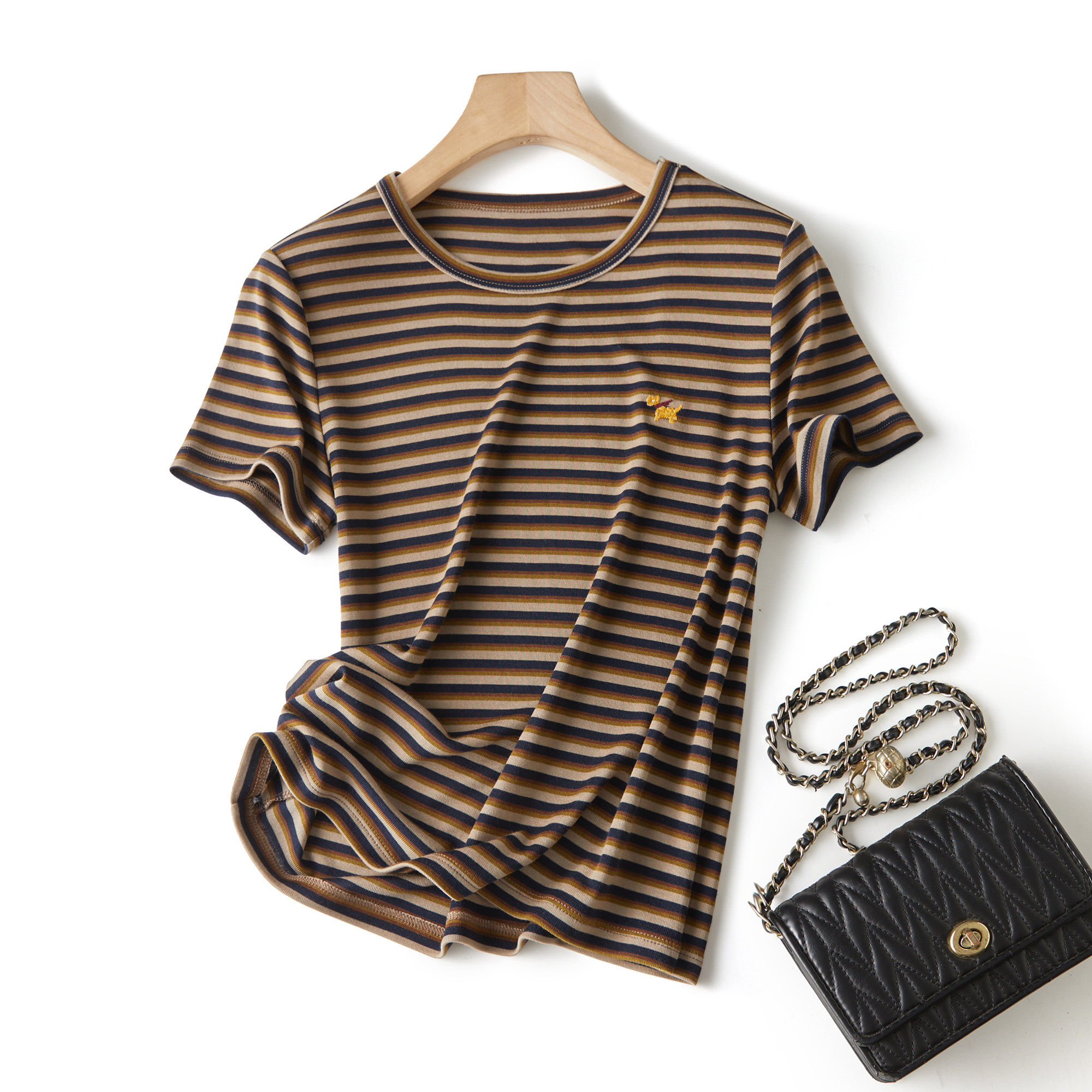 弹力修身显瘦 小狗刺绣亲肤透气软糯天丝羊毛短袖针织短款T恤女夏