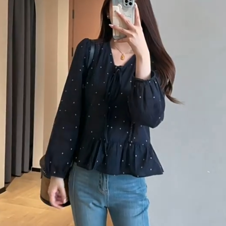 亲肤纯棉系带V领波点衬衫女25秋