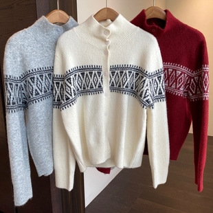 外套女上衣2025新款 AMR 时髦费尔岛高领针织毛衣开衫 氛围感