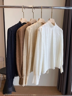 秋冬季 美翻了 半高领花边领优雅百搭上衣叠穿长袖 蕾丝打底衫 法式