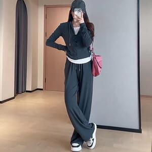 WTHEONE显瘦纸片人洋气休闲假两件连帽上衣高腰阔腿裤套装女秋新