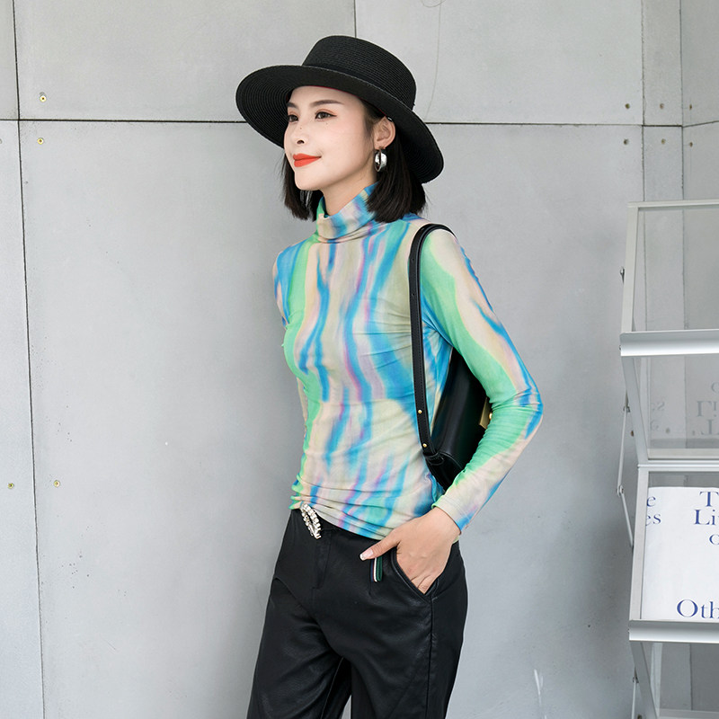 高领打底衫女2025秋季新款渐变炫彩扎染纱网t恤女印花艺术感上衣