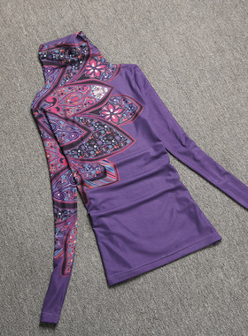 欧洲站2025秋季洋气高领打底衫花色网纱长袖t恤时尚修身紫色上衣