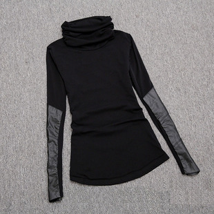 配皮草马甲内搭独特漂亮小衫 女冬季 加绒保暖黑色上衣 打底衫 皮袖