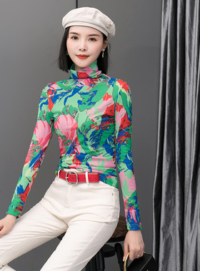欧洲站2025高领打底衫女秋冬绿色长袖t独特别致小衫显瘦网纱上衣