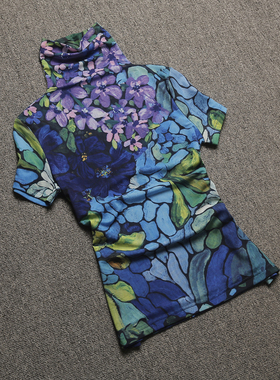 别致漂亮小衫高领打底衫女春装洋气高级感网纱短袖t恤蓝色上衣