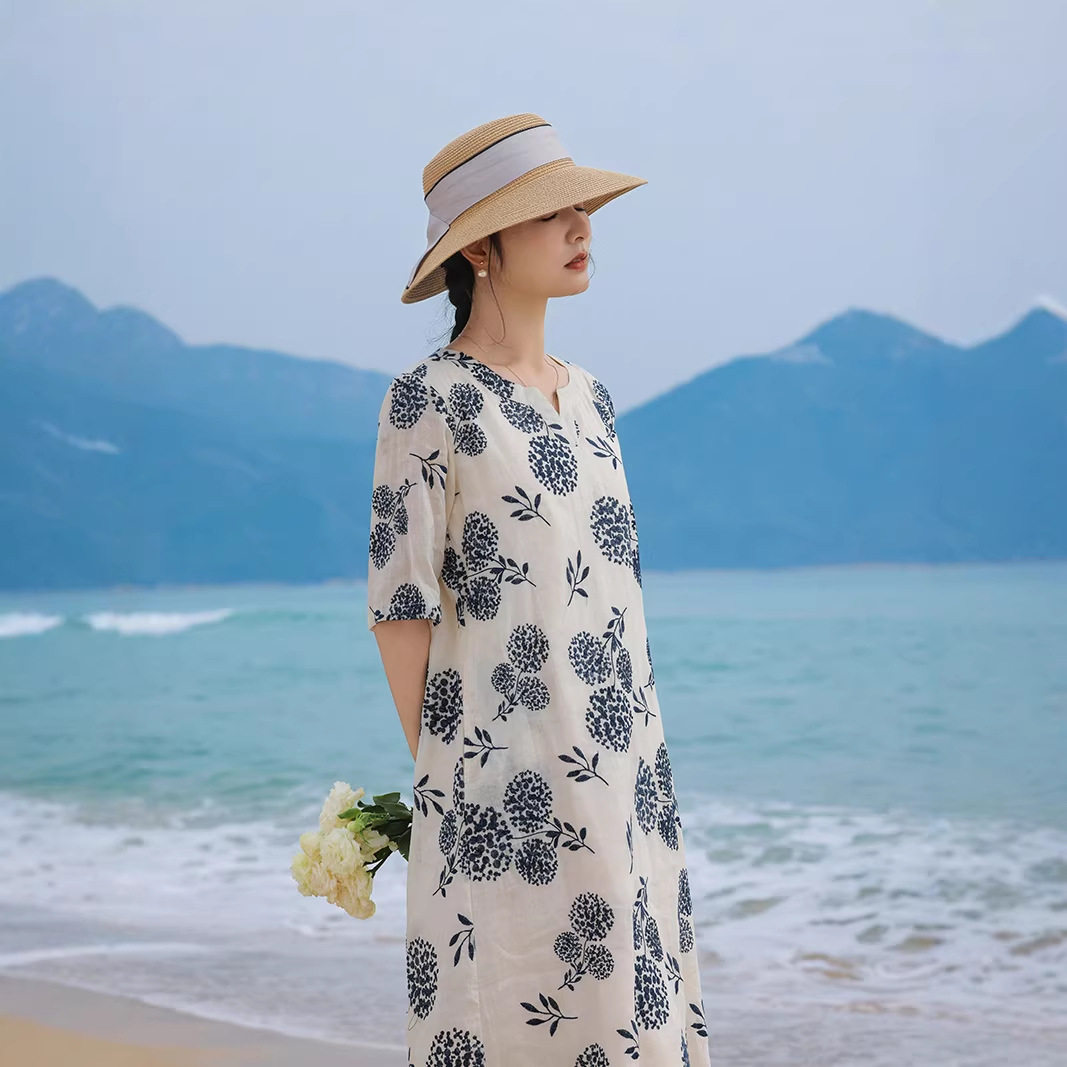 滔语 气质高贵苎麻 连衣裙夏季V领五分袖印花中年妈妈藏肉遮肚子
