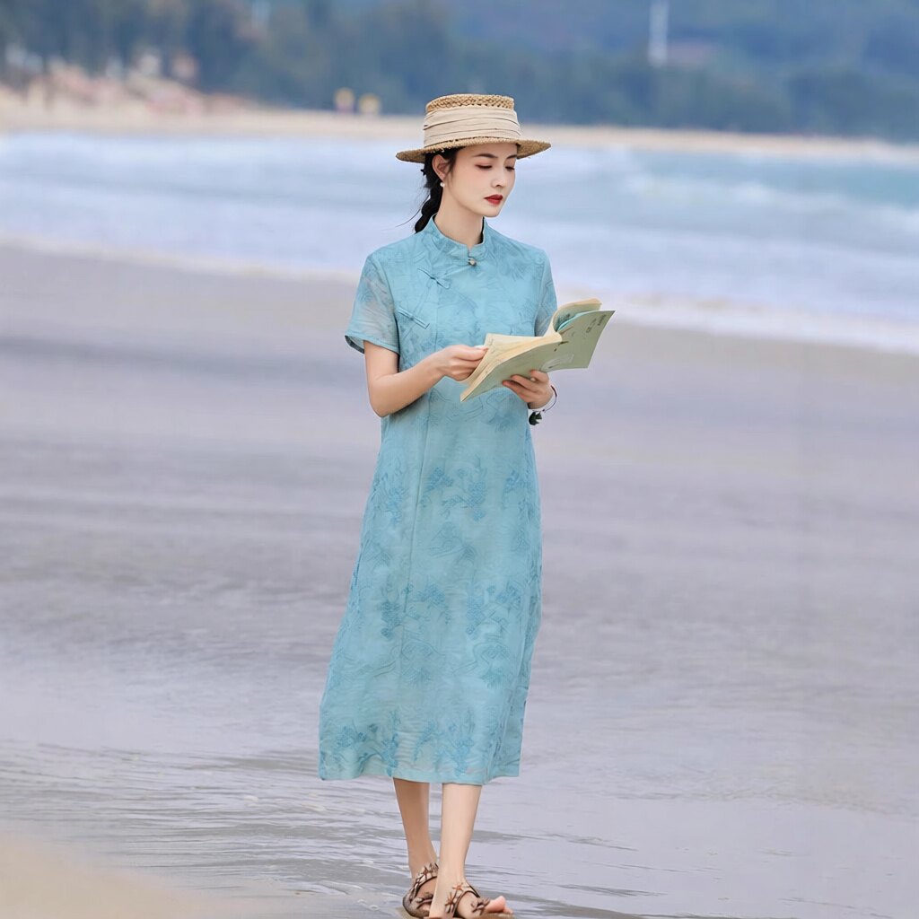 海茉 中年雅致女性 夏季透气苎麻重工刺绣中式连衣裙改良日常旗袍