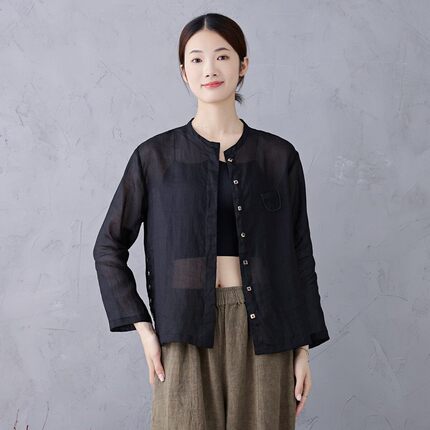 南韵 黑麻烟韵 夏季苎麻黑色小立领 纽扣小宽松衬衫透气薄款上衣