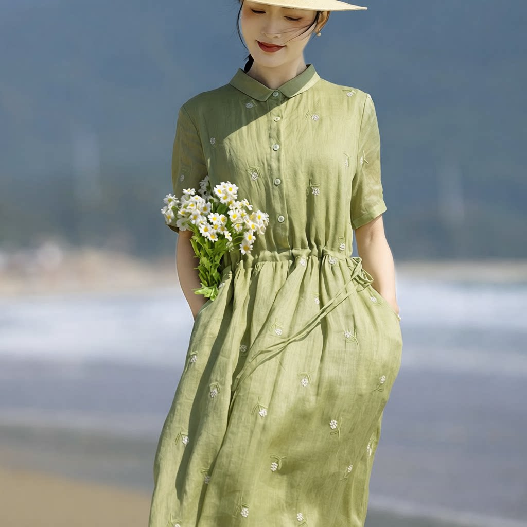 周舟 纯苎麻连衣裙 芥末绿减龄年轻款妈妈夏季中长款宽松短袖立领