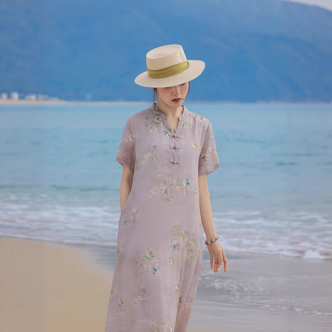 滔语 苎麻高贵女人 V领盘扣中式连衣裙五分袖印花中长款宽松显瘦