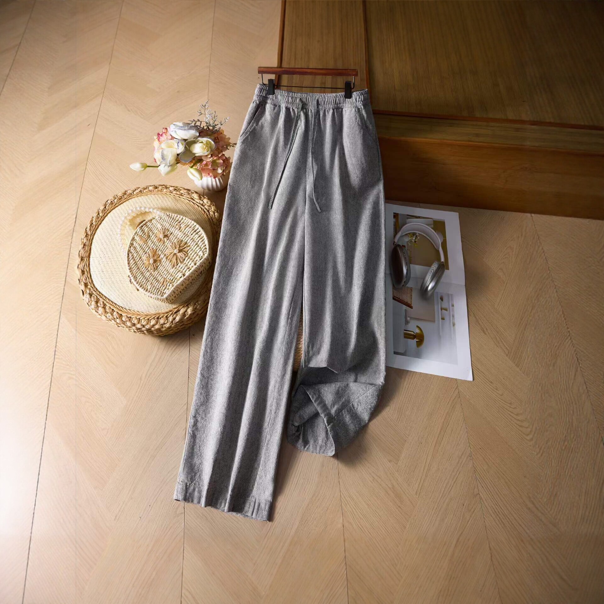 木 山野自然 灰色汉麻阔腿休闲裤女松紧腰抽绳直筒长裤夏宽松百搭