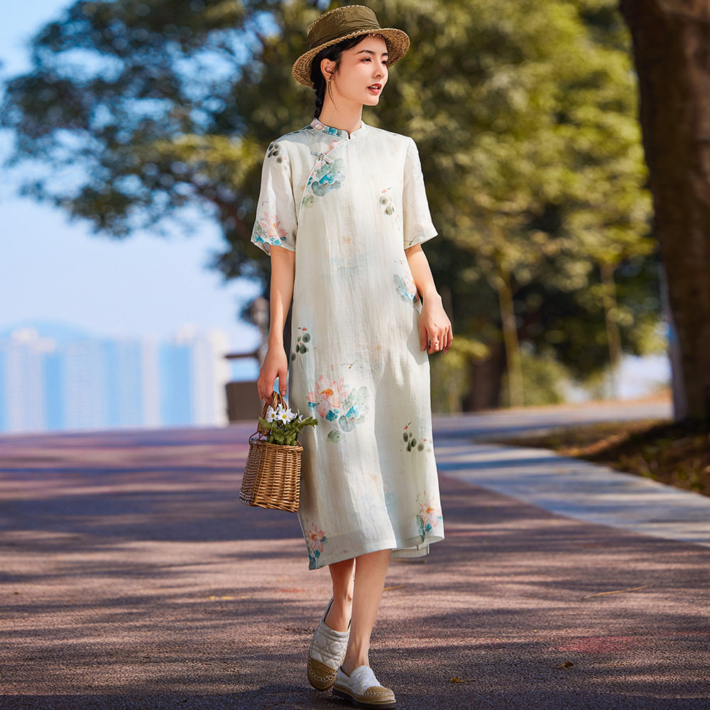 A字裙24春夏新款苎麻印花旗袍