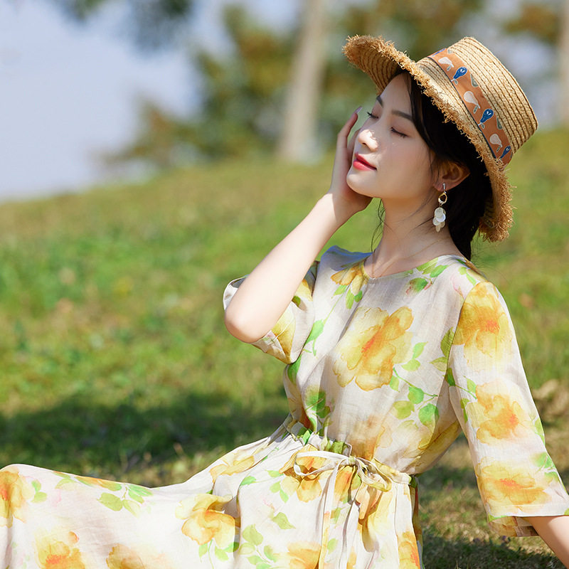 滔语 苎麻连衣裙夏季圆领碎花显瘦大码收腰系带富贵大花中年妈妈