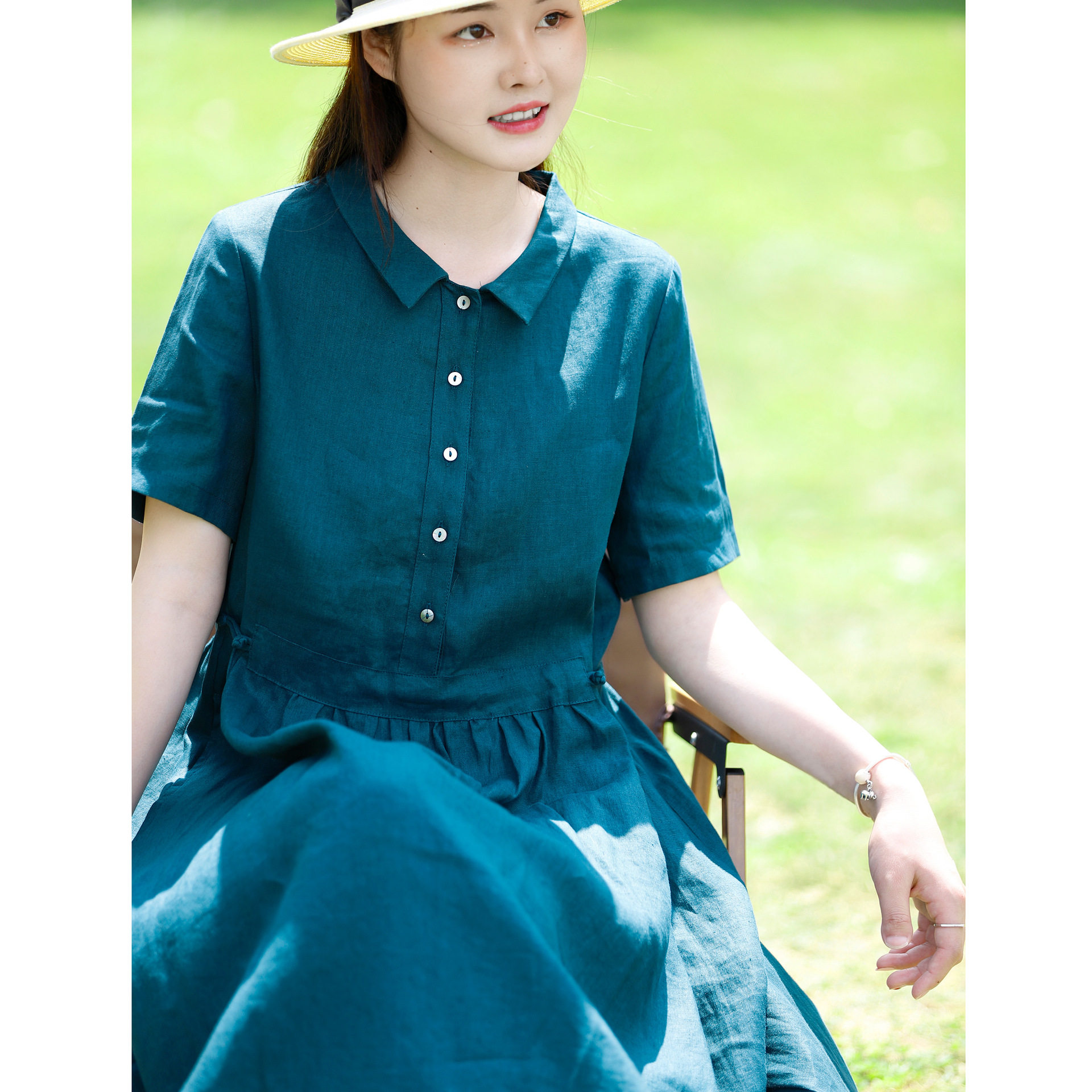 言浅 纯亚麻 文艺旅行棉麻女装夏季纯色显瘦减龄大摆连衣裙女透气