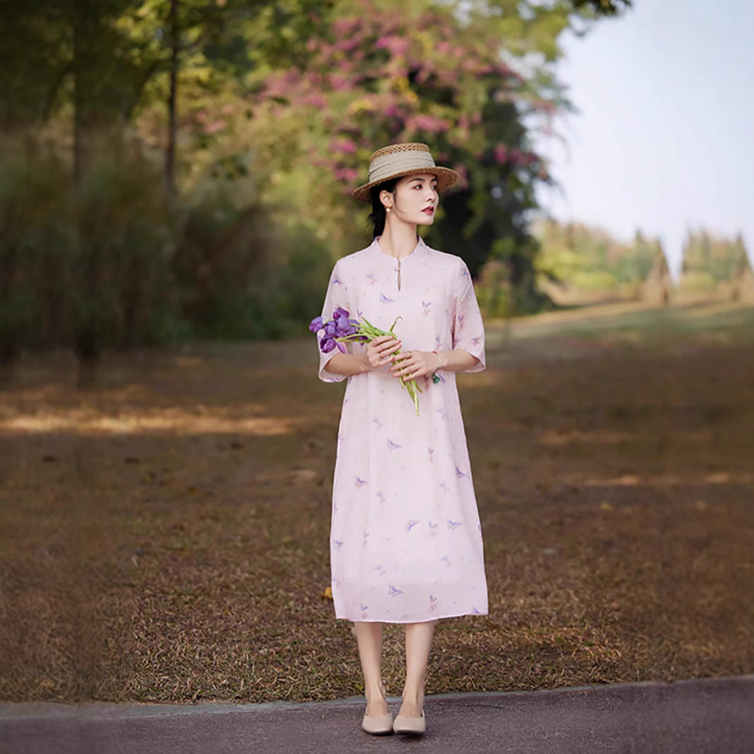 滔语 苎麻连衣裙 中年女人洋气减龄年轻款宽松大码五分袖改良旗袍