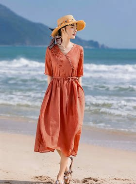 海茉 苎麻原创女装 文艺刺绣V领中袖长款连衣裙 轻薄极简苎麻长裙
