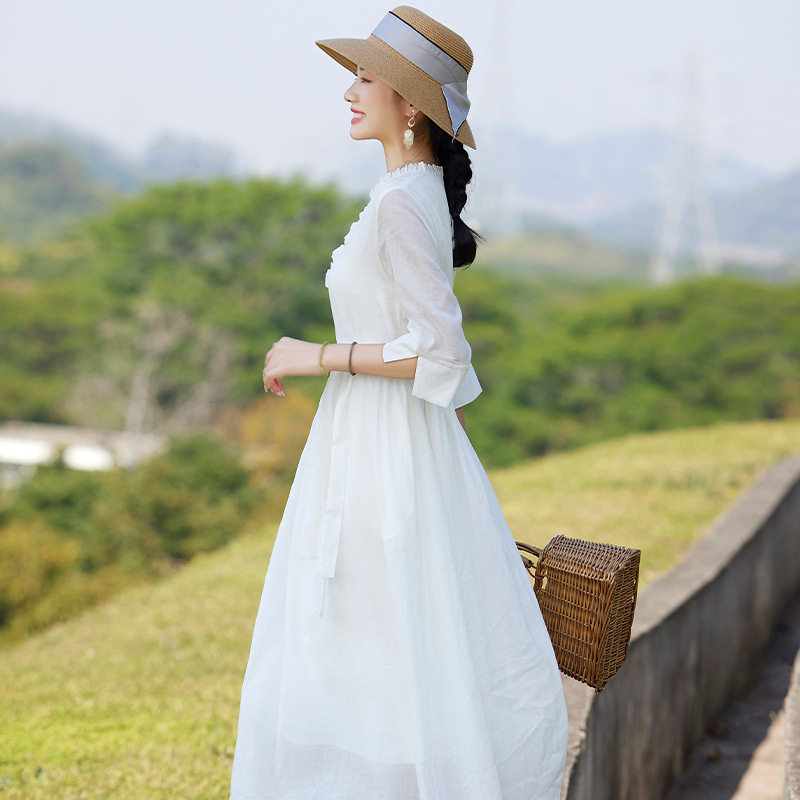 滔语 夏季新款V领白裙收腰系带显瘦a字大码女装苎麻中长款连衣裙