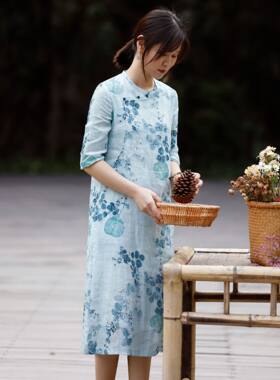 1言浅 全苎麻 原创文艺复古连衣裙女中年妈妈改良中长旗袍文艺风