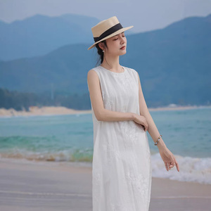 滔语 极简素雅 圆领纯苎麻无袖刺绣绣花中长款透气吸汗中年连衣裙