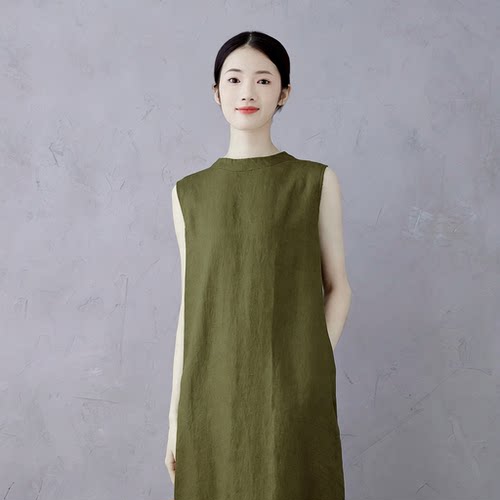 南韵 秋染青芜 低调奢华亚麻背心裙无袖半高领文艺内搭复古连衣裙